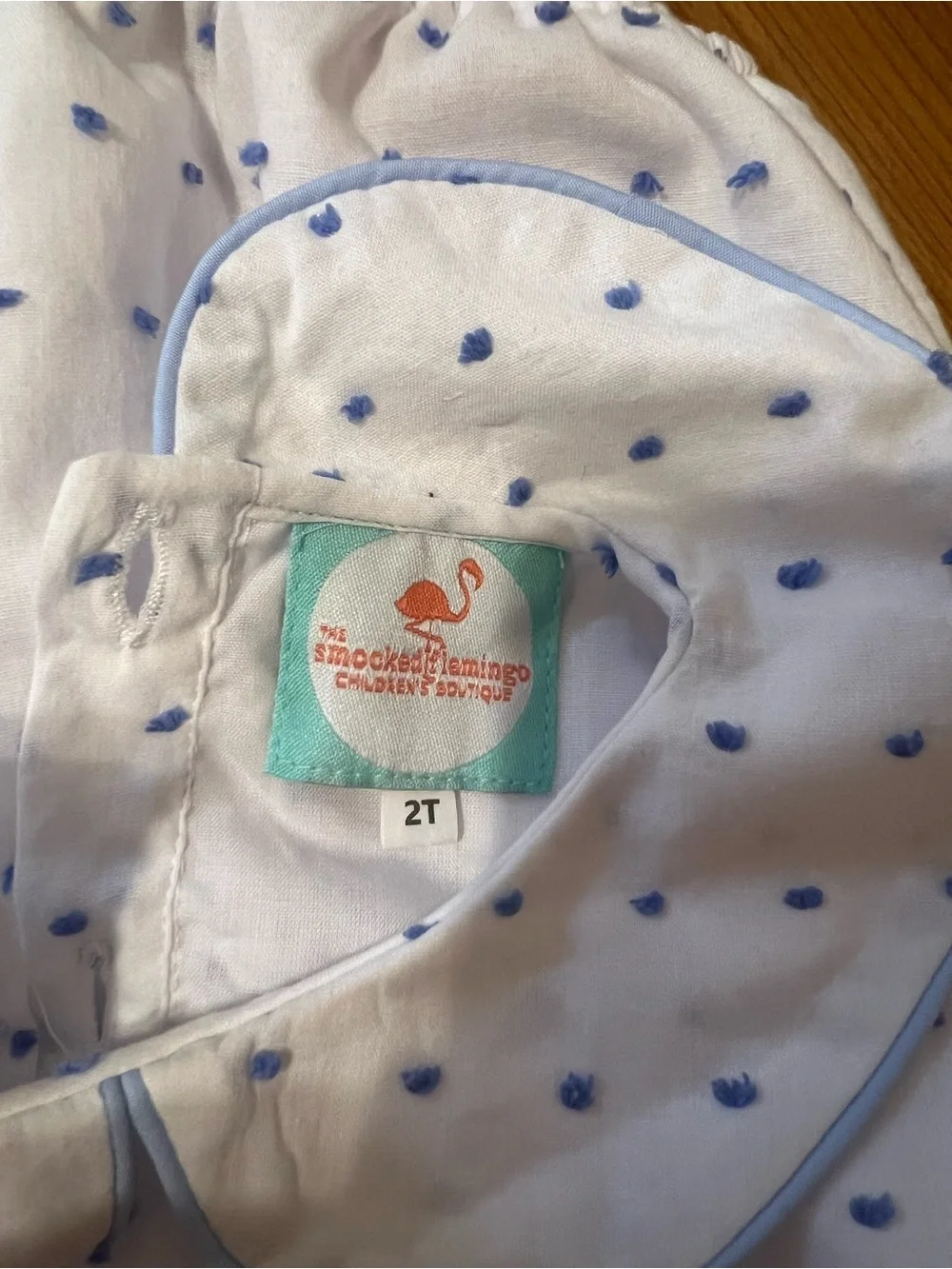 Smocked Flamingo | Blue and White Polka Dot Bubble with Peter Pan Collar